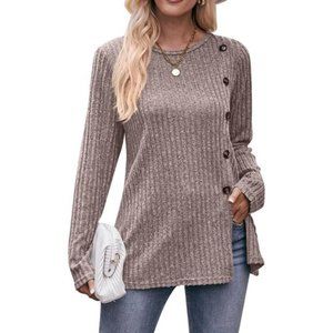 Women's Casual Long Sleeve Tunic Shirts Round Neck Blouses Tops Oatmeal